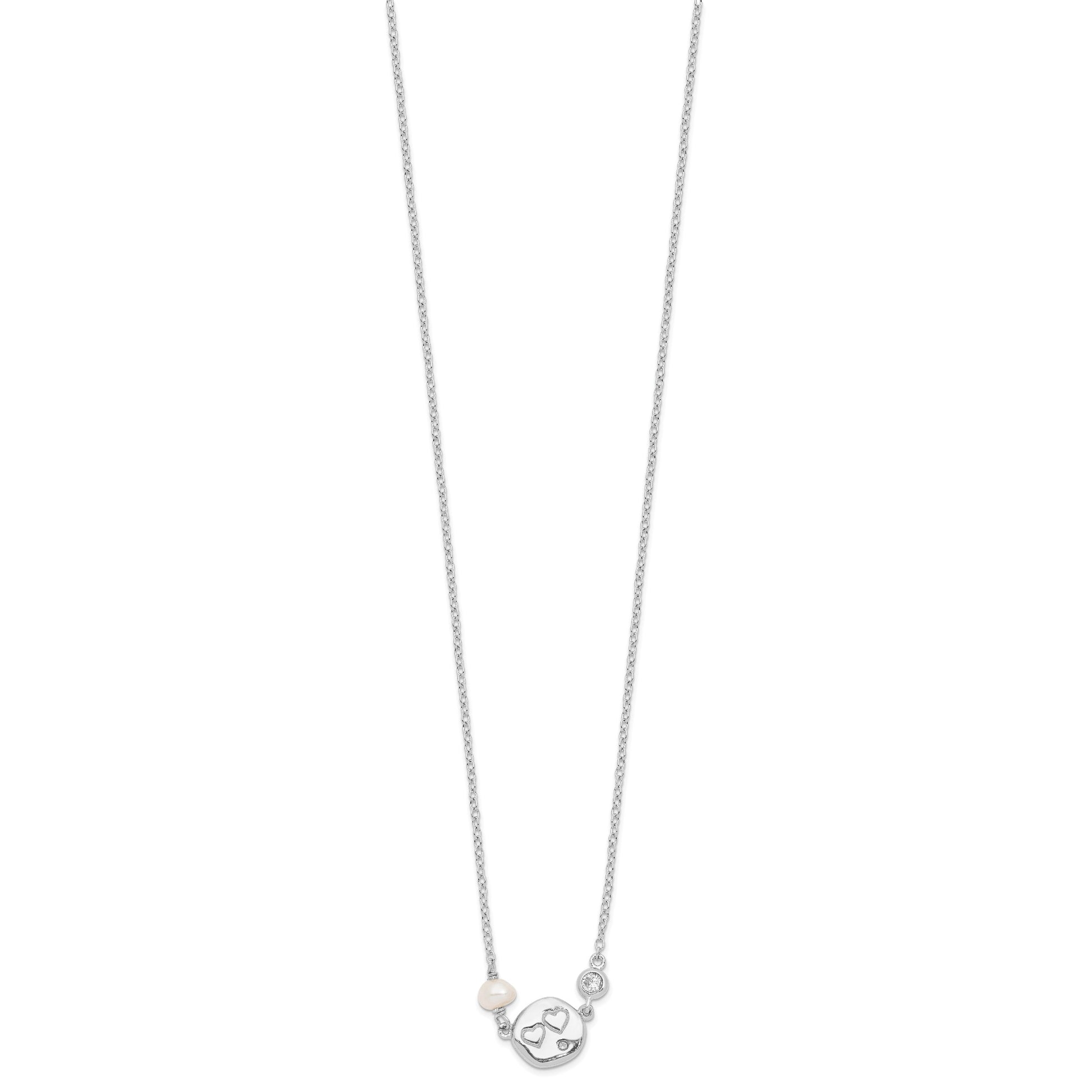 Sterling Silver Rhodium-plated CZ FW Cultured Pearl w/Hearts Necklace