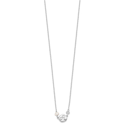 Sterling Silver Rhodium-plated CZ FW Cultured Pearl w/Hearts Necklace