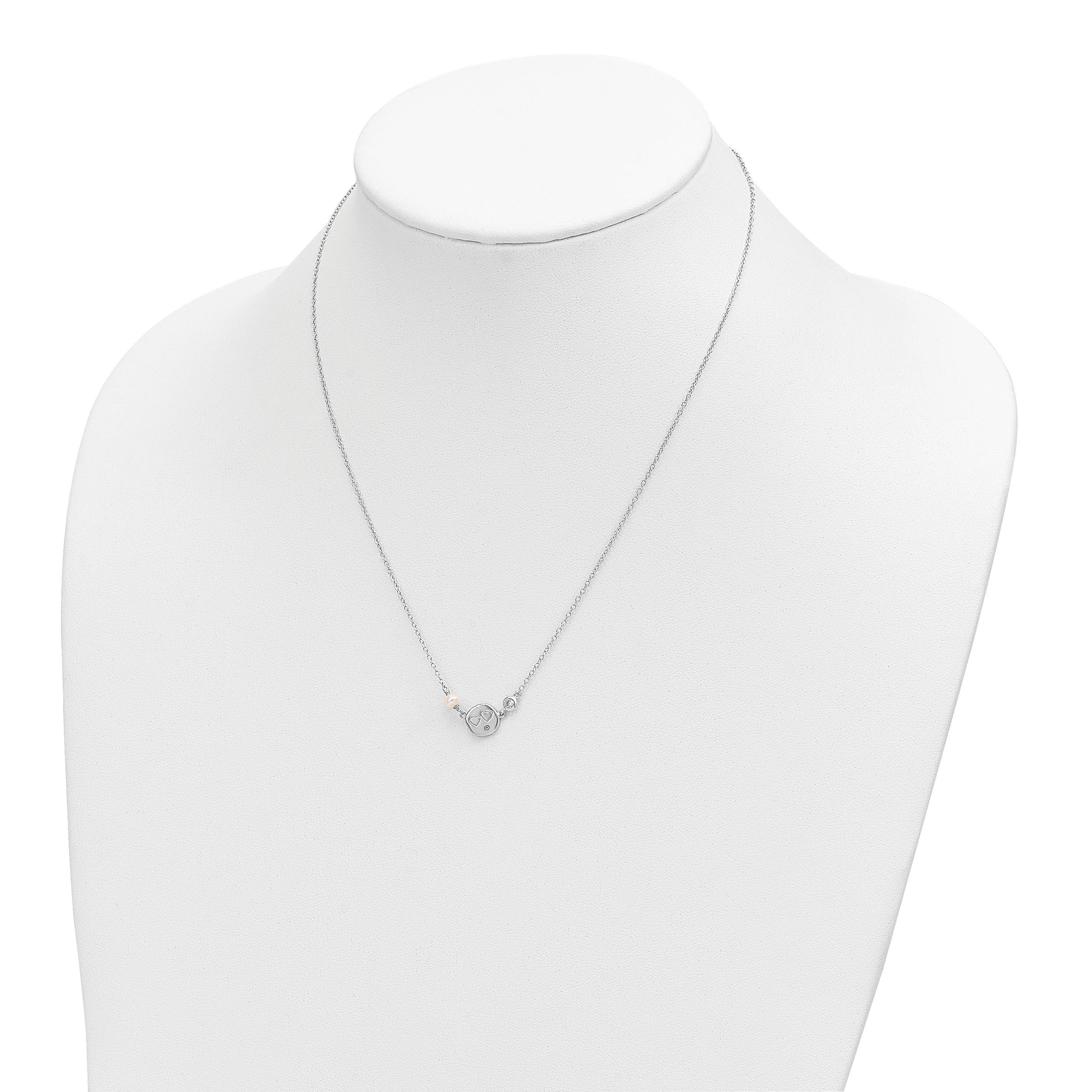 Sterling Silver Rhodium-plated CZ FW Cultured Pearl w/Hearts Necklace