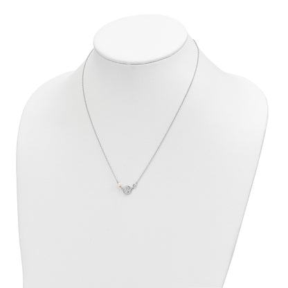 Sterling Silver Rhodium-plated CZ FW Cultured Pearl w/Hearts Necklace