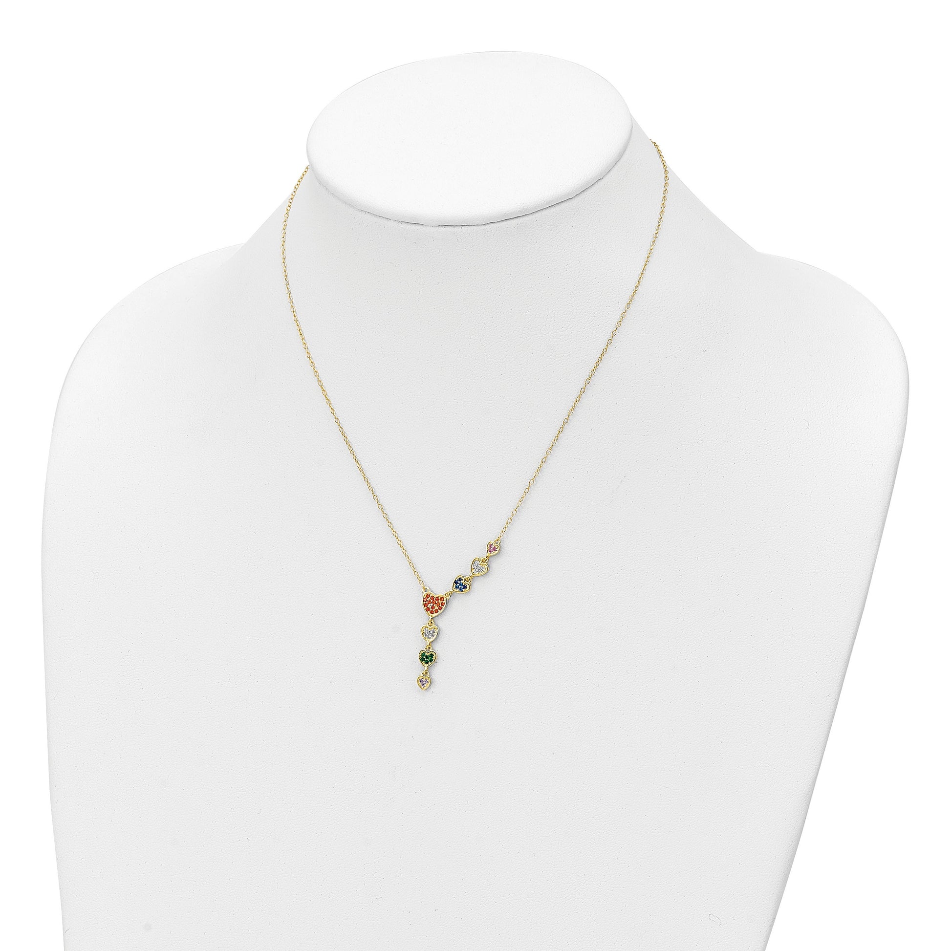 Sterling Silver Gold-plated Multicolor CZ Hearts 16.75 inch Necklace