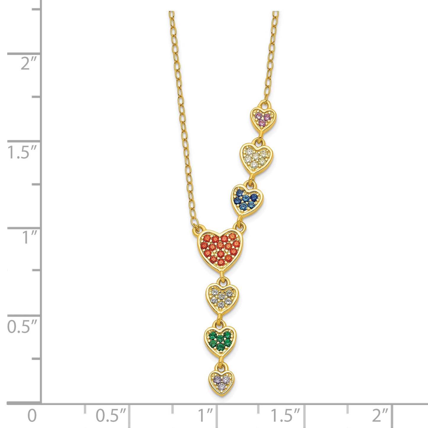 Sterling Silver Gold-plated Multicolor CZ Hearts 16.75 inch Necklace