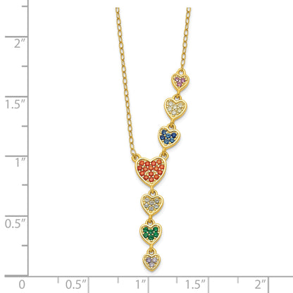 Sterling Silver Gold-plated Multicolor CZ Hearts 16.75 inch Necklace