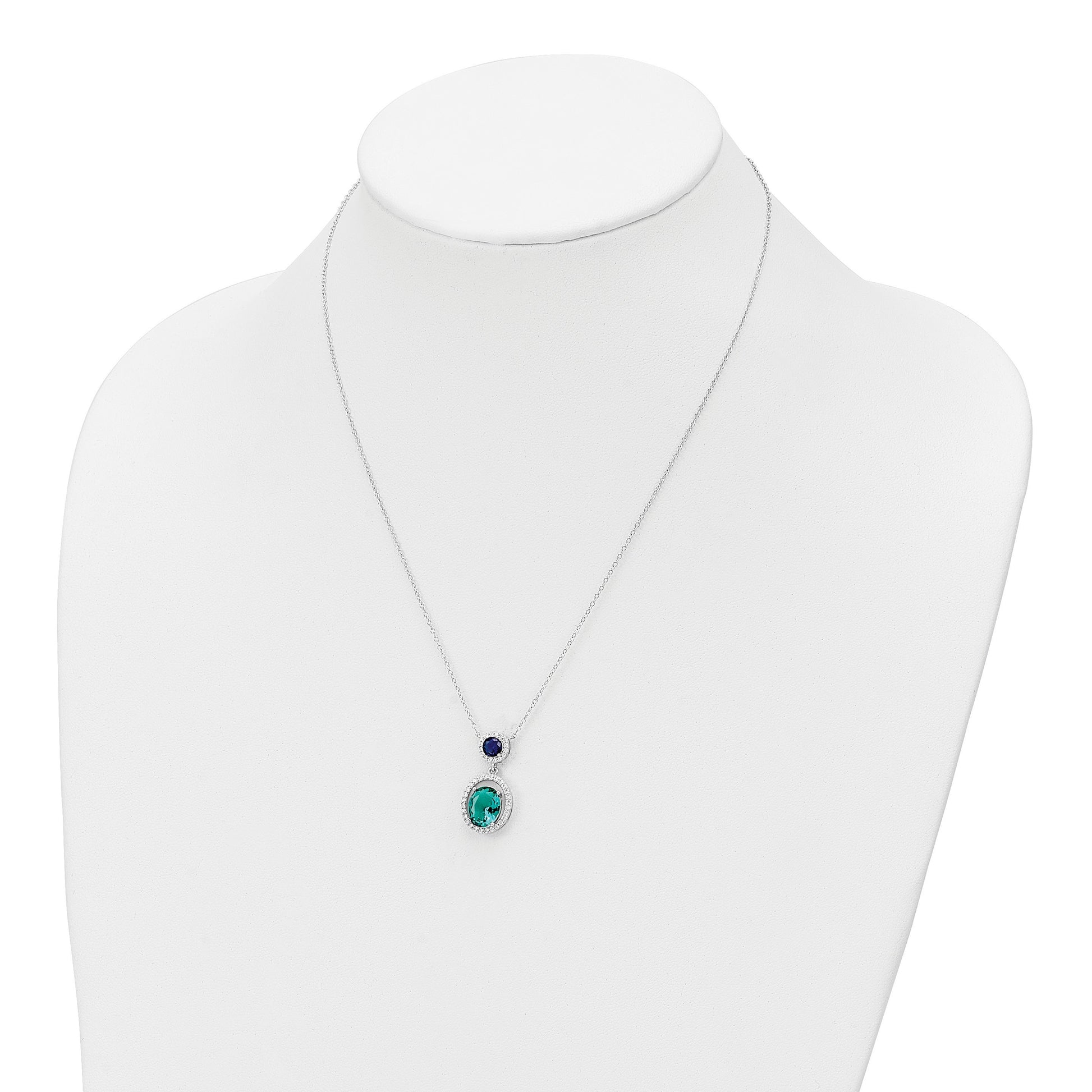 Sterling Silver Rhodium-plated CZ Glass Stone Dangle Pendant Necklace