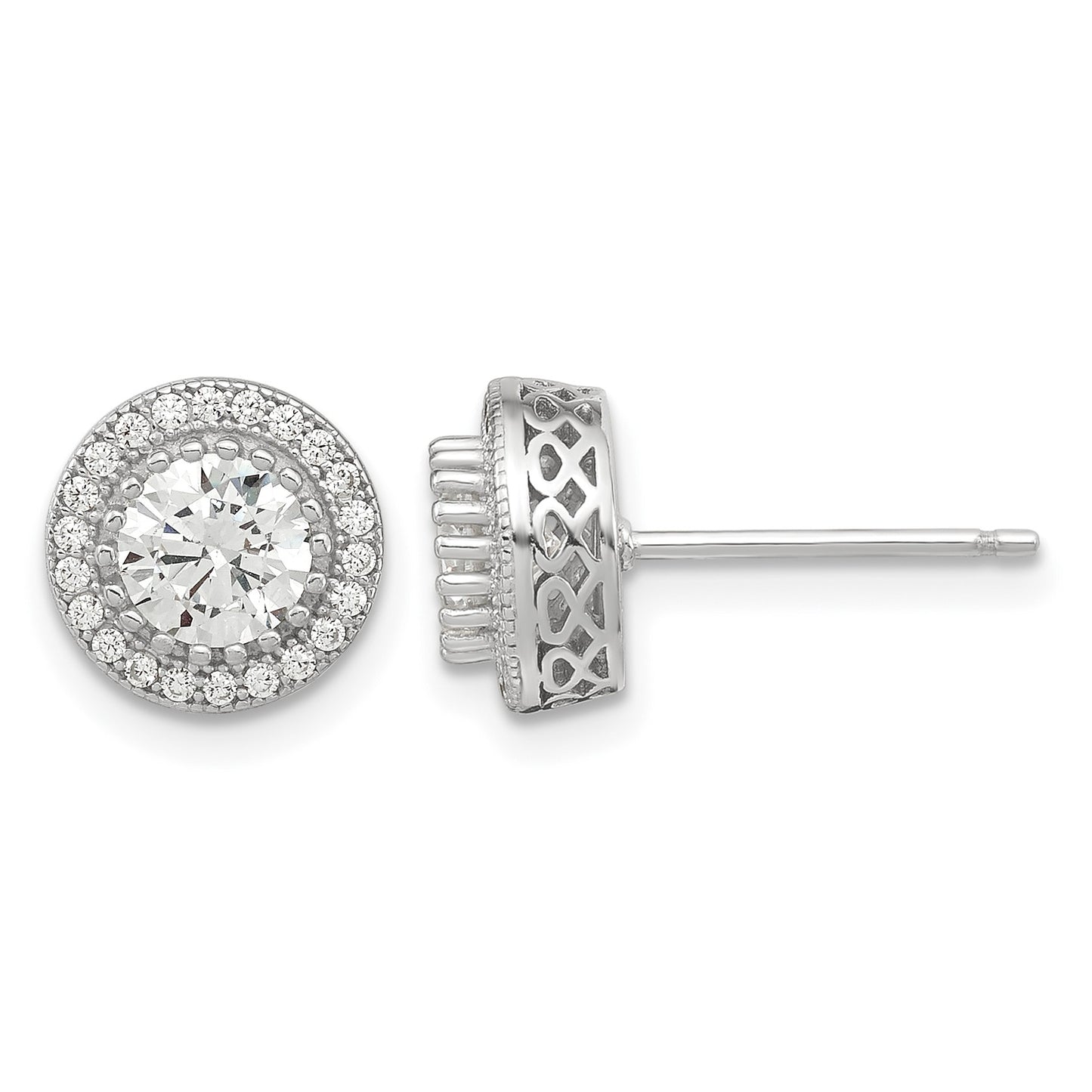 Sterling Silver Polished Rhodium-plated CZ 18in Necklace/Post Earrings Set