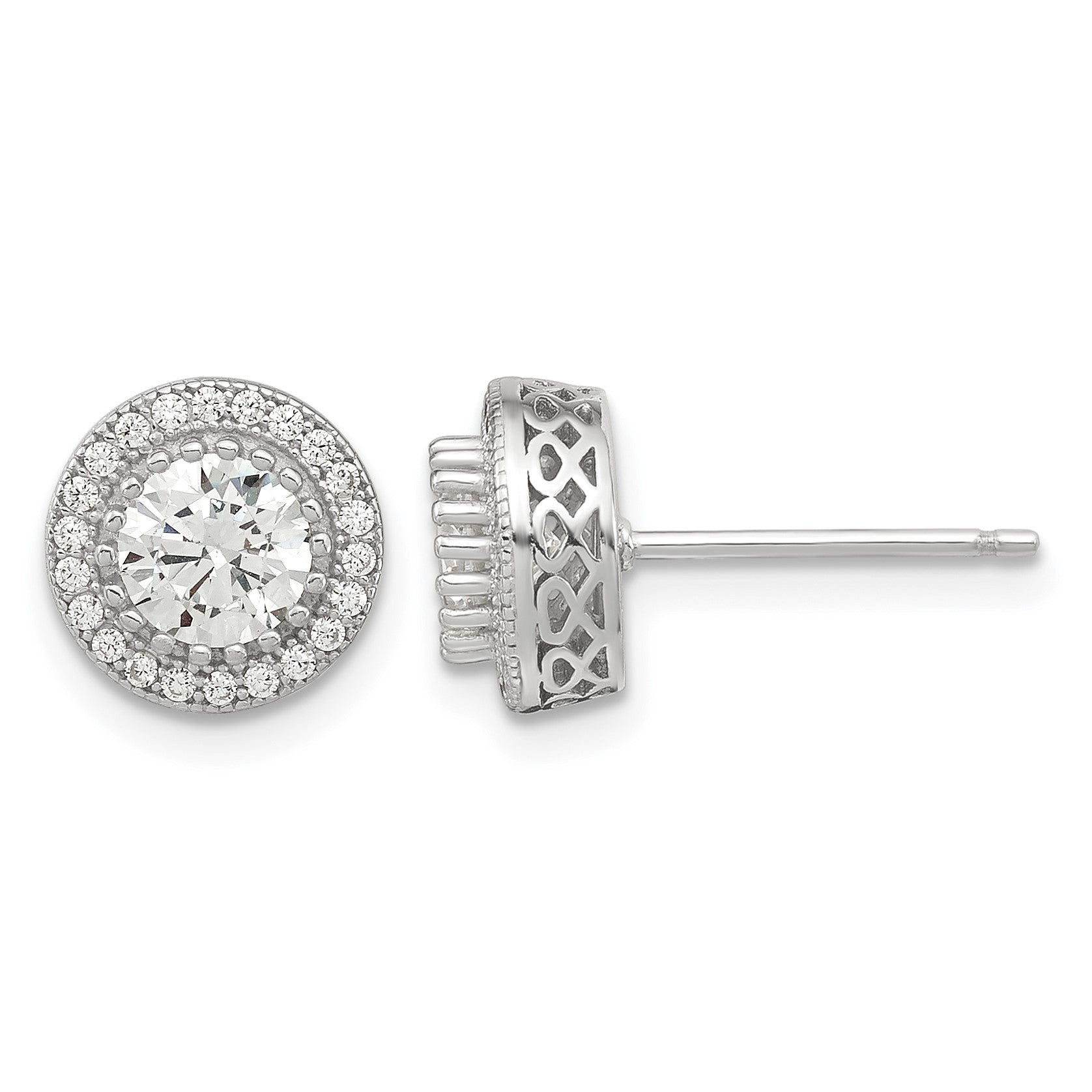 Sterling Silver Polished Rhodium-plated CZ 18in Necklace/Post Earrings Set