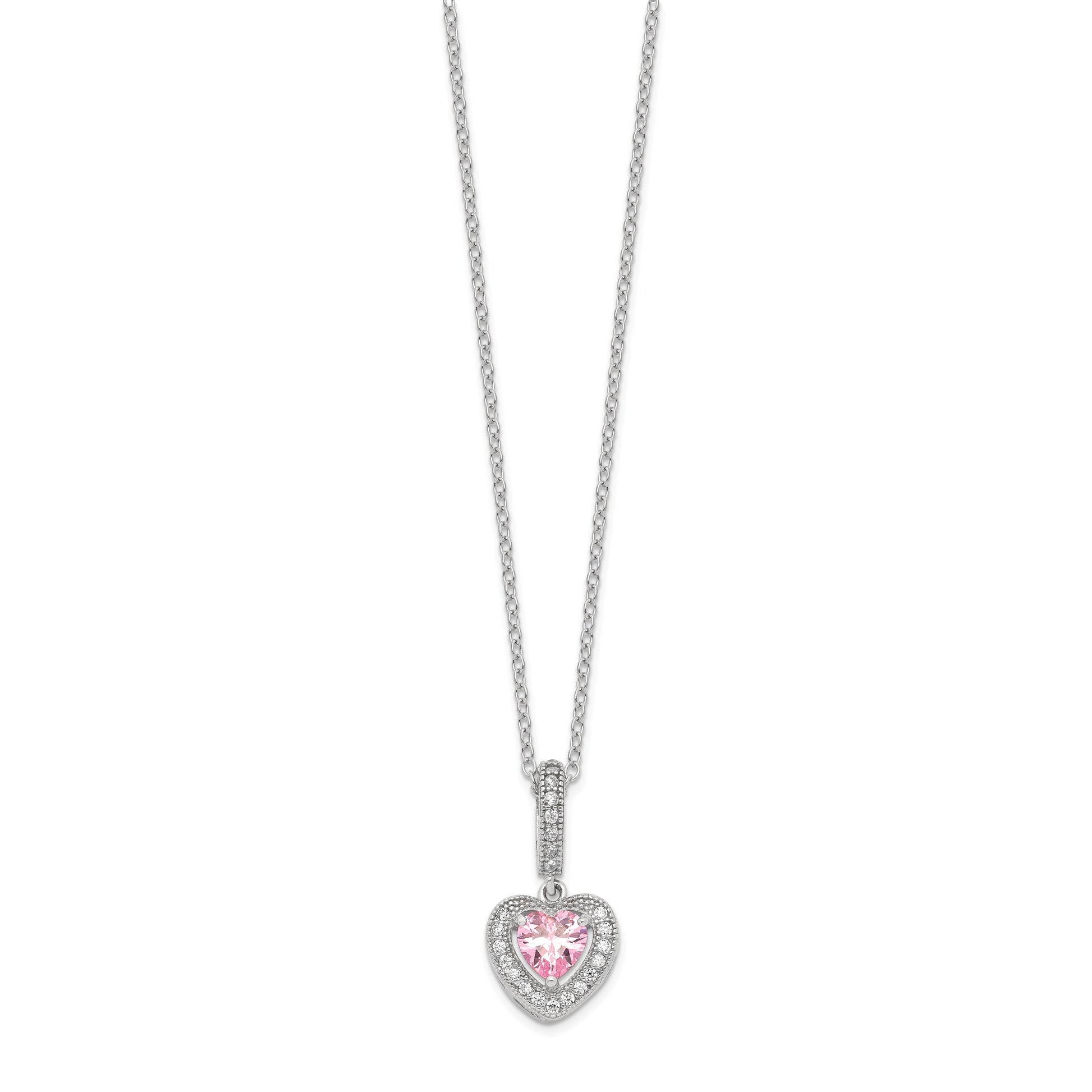 Sterling Silver Rhodium-plated Polished Clear and Pink CZ Heart 18 inch Necklace and Heart Post Earring Set