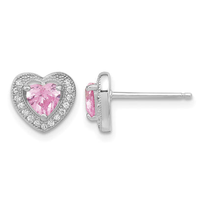 Sterling Silver Rhodium-plated Polished Clear and Pink CZ Heart 18 inch Necklace and Heart Post Earring Set