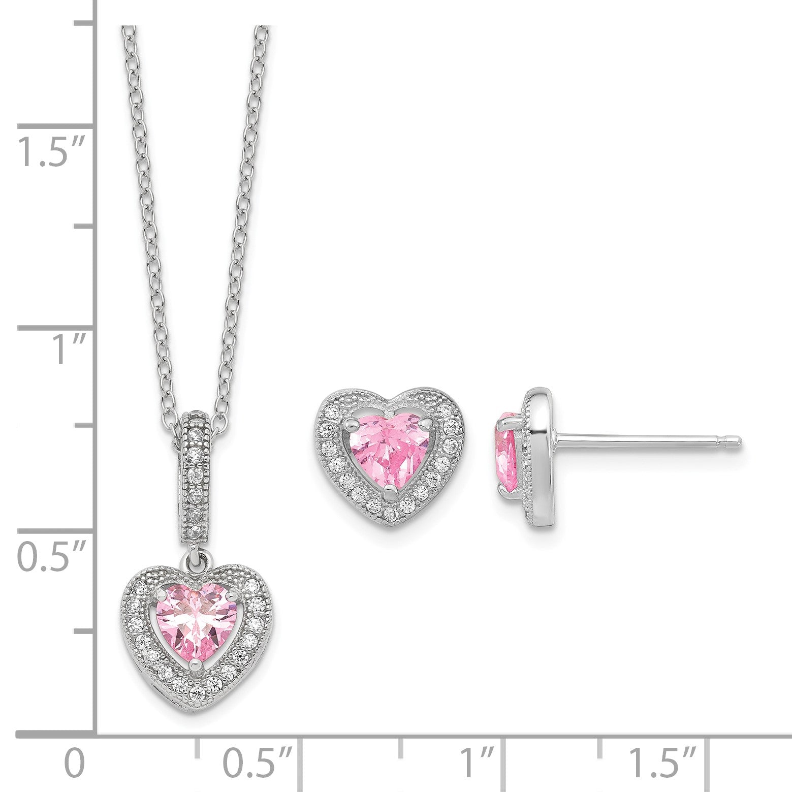 Sterling Silver Rhodium-plated Polished Clear and Pink CZ Heart 18 inch Necklace and Heart Post Earring Set