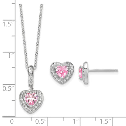 Sterling Silver Rhodium-plated Polished Clear and Pink CZ Heart 18 inch Necklace and Heart Post Earring Set