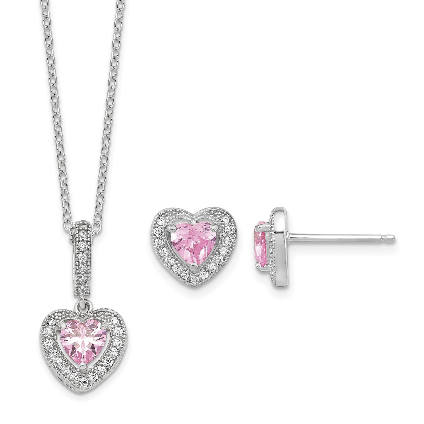Sterling Silver Rhodium-plated Polished Clear and Pink CZ Heart 18 inch Necklace and Heart Post Earring Set