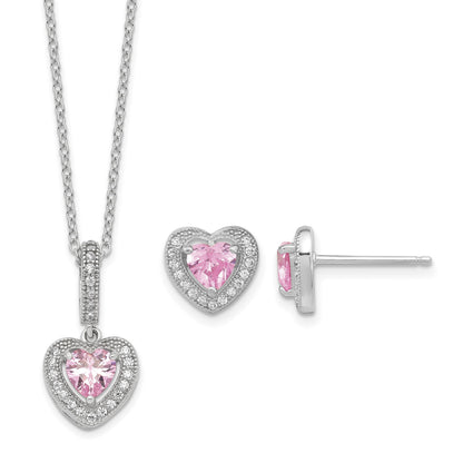 Sterling Silver Rhodium-plated Polished Clear and Pink CZ Heart 18 inch Necklace and Heart Post Earring Set