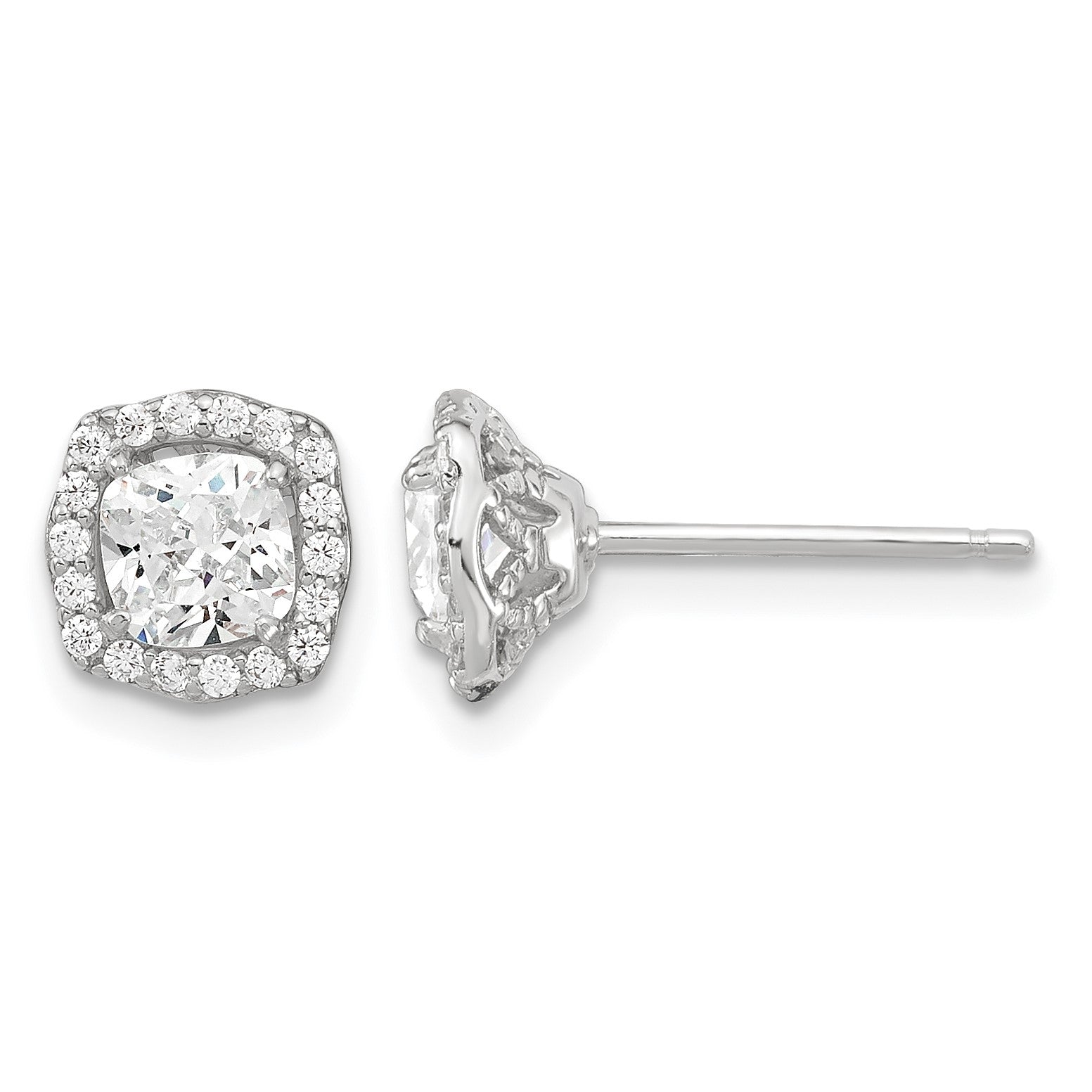 Sterling Silver Polished Rhodium-plated CZ 18in Necklace/Post Earrings Set