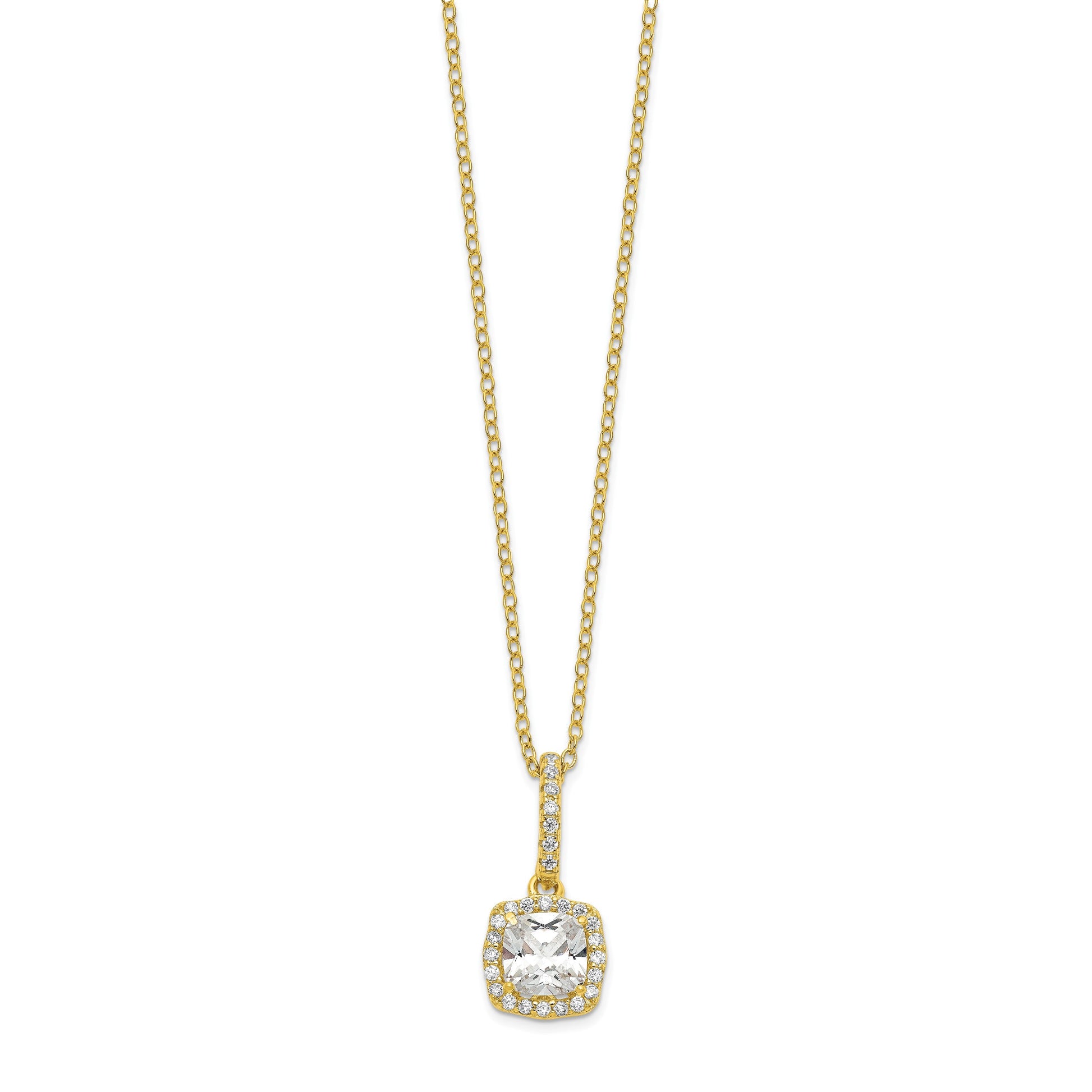Sterling Silver Polished Gold-tone CZ 18in Necklace/Post Earrings Set