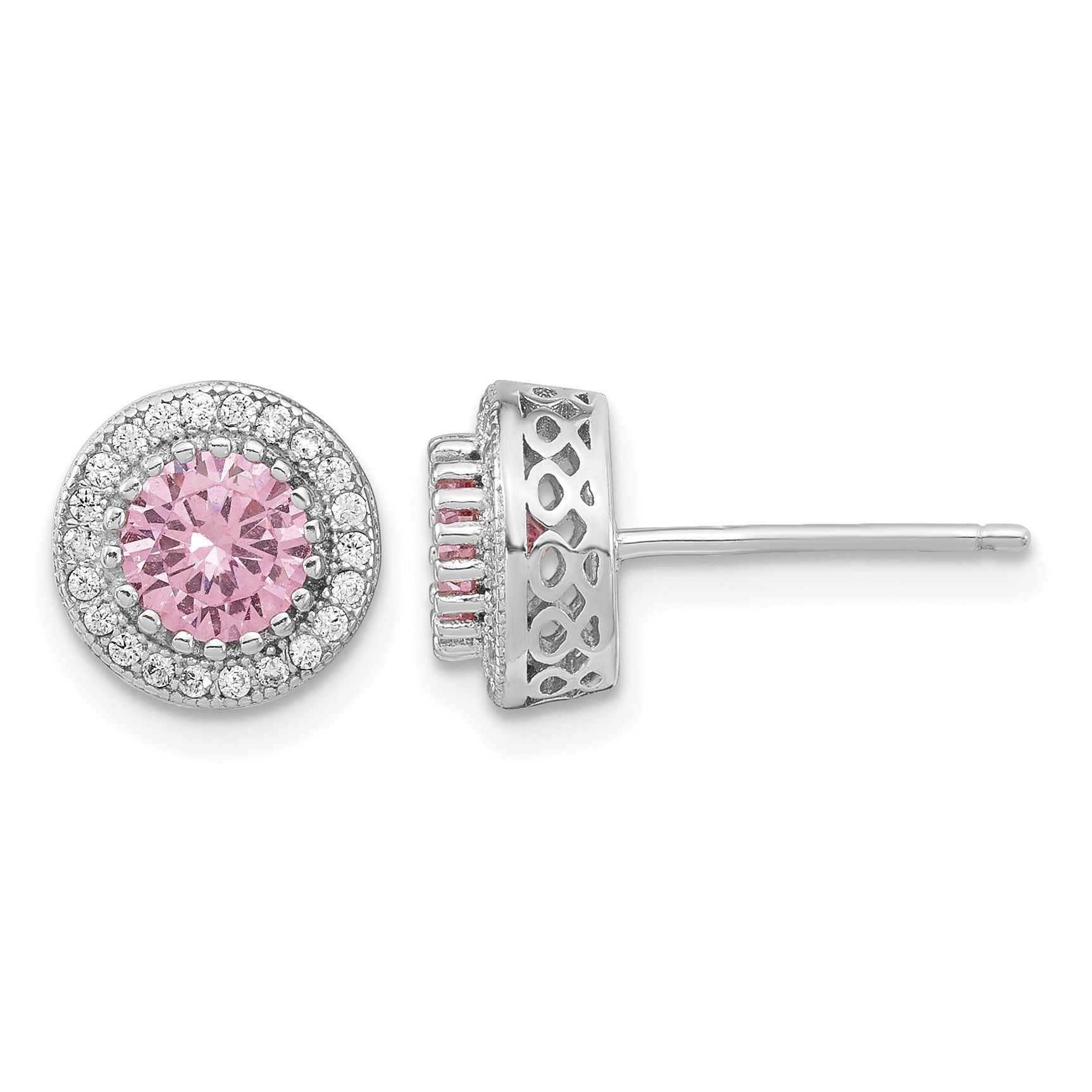 Sterling Silver Polished Rhodium-plated CZ 18in Necklace/Post Earrings Set