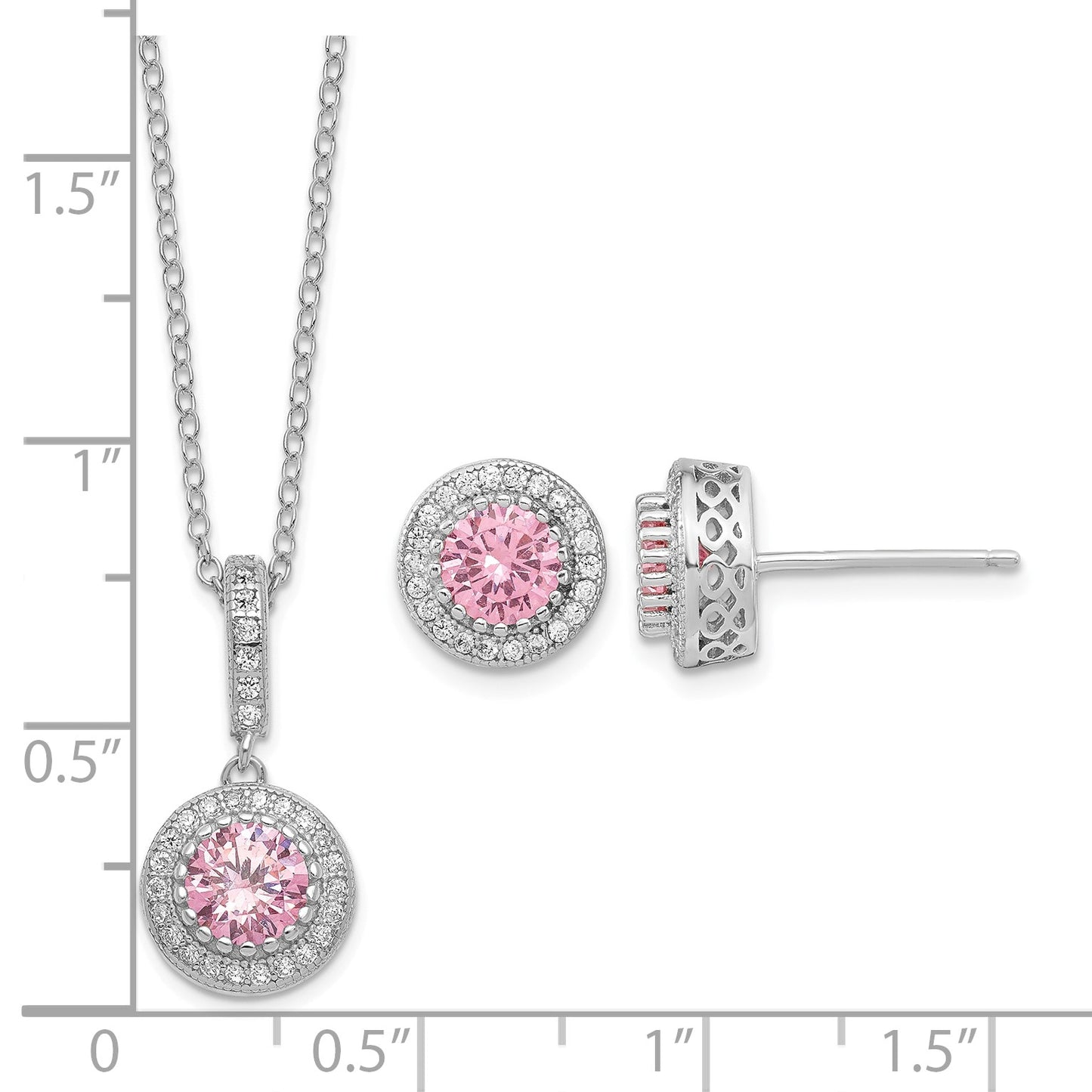 Sterling Silver Polished Rhodium-plated CZ 18in Necklace/Post Earrings Set