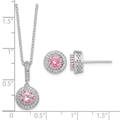 Sterling Silver Polished Rhodium-plated CZ 18in Necklace/Post Earrings Set
