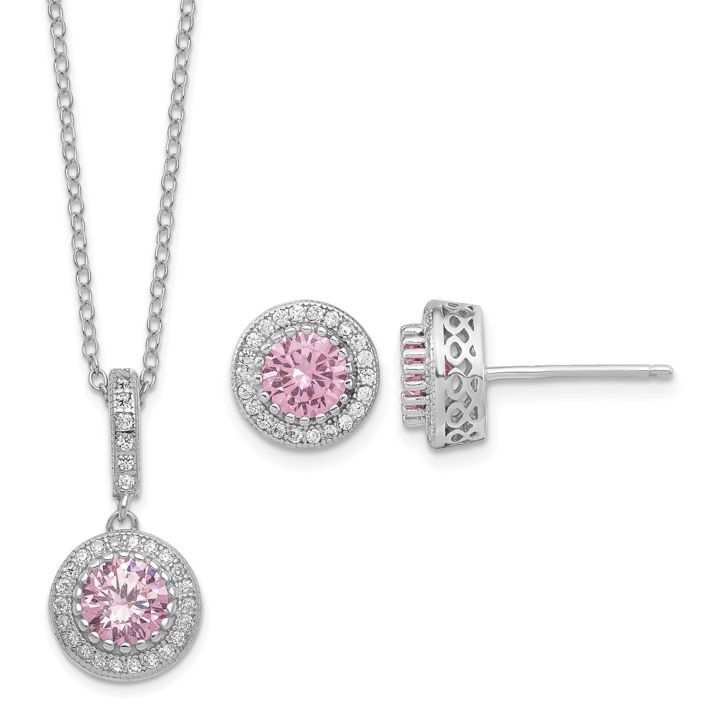 Sterling Silver Polished Rhodium-plated CZ 18in Necklace/Post Earrings Set