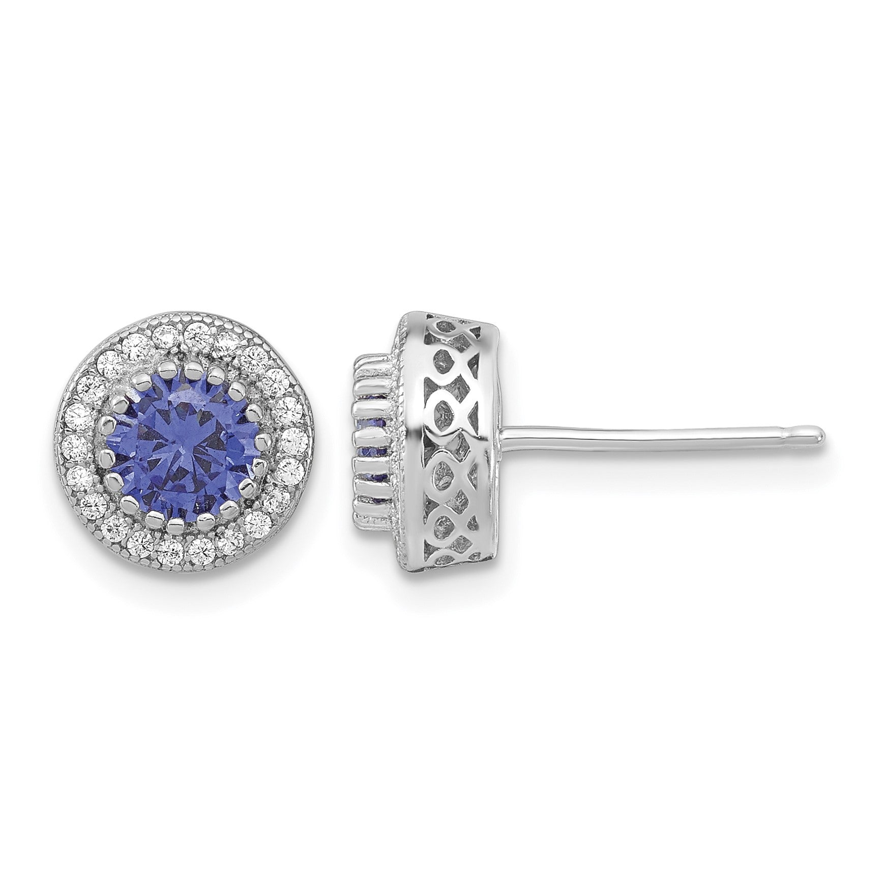 Sterling Silver Polished Rhodium-plated CZ 18in Necklace/Post Earrings Set