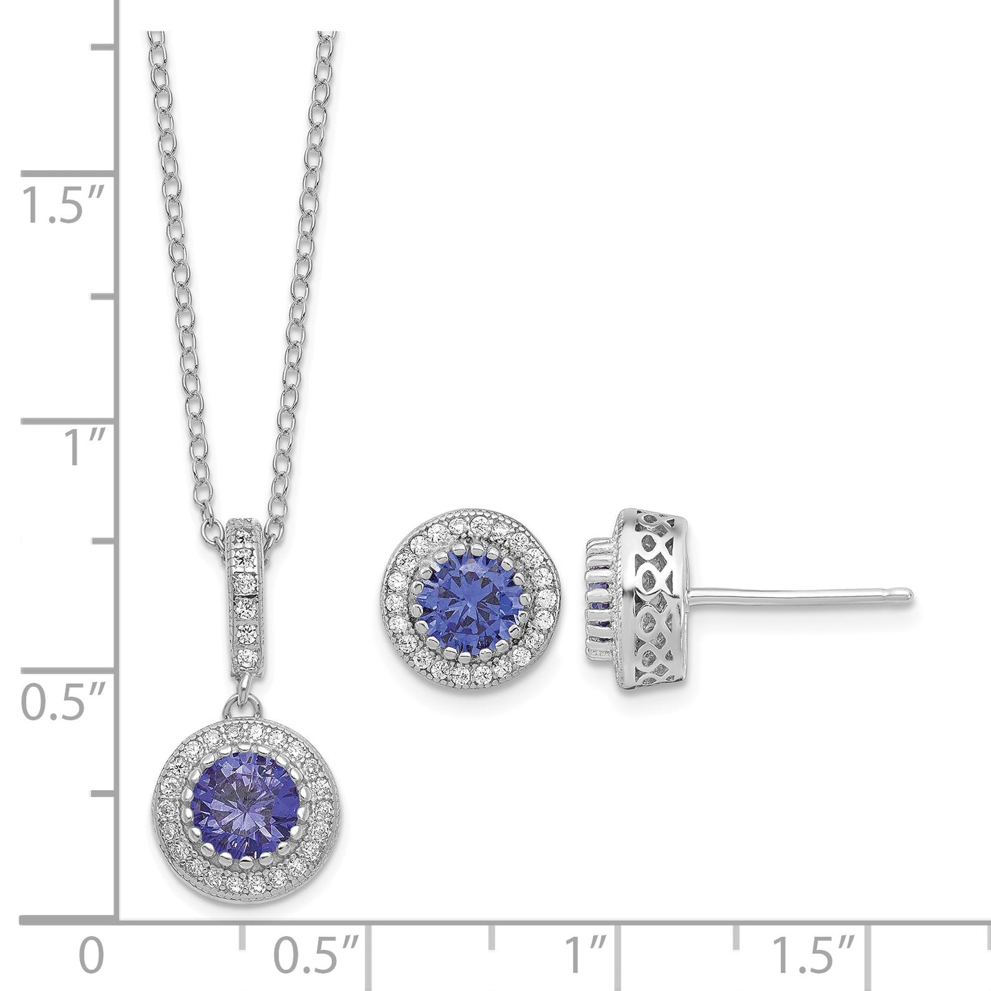 Sterling Silver Polished Rhodium-plated CZ 18in Necklace/Post Earrings Set