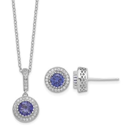 Sterling Silver Polished Rhodium-plated CZ 18in Necklace/Post Earrings Set