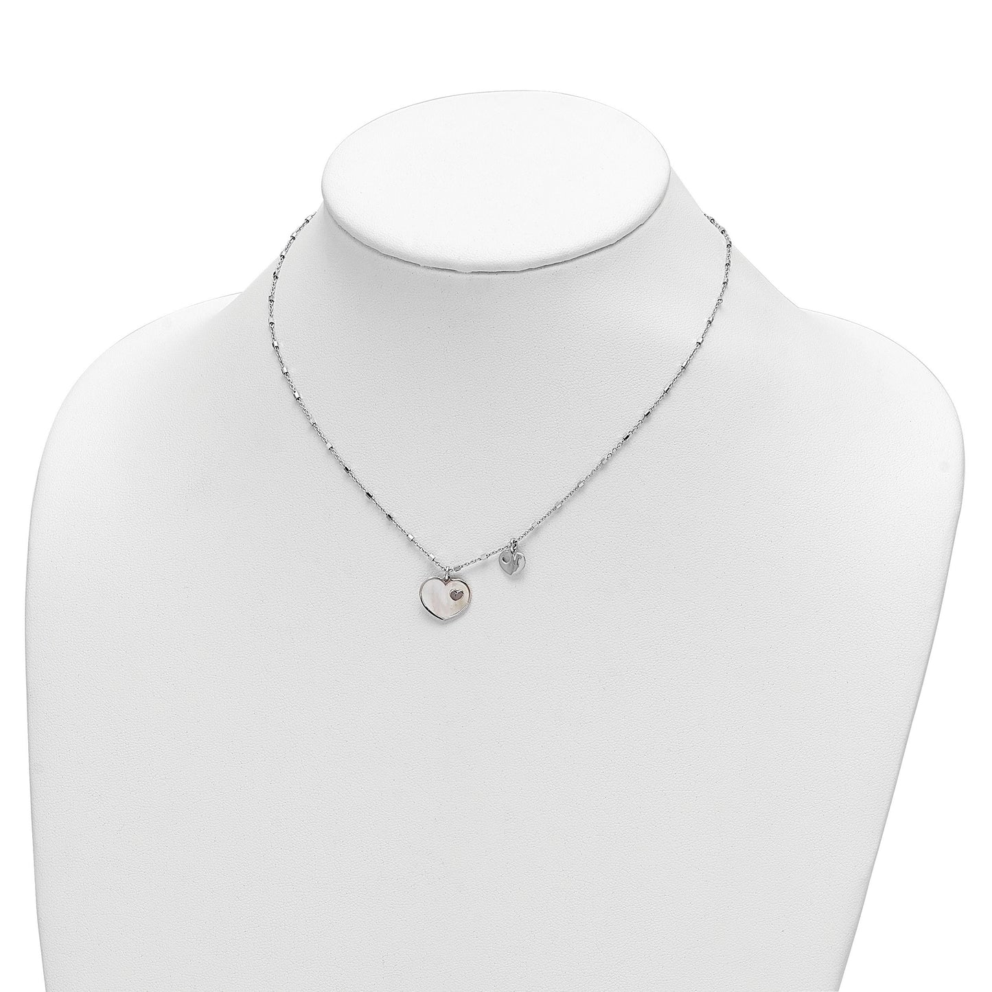 Sterling Silver Rhodium-plated Mother of Pearl Heart w/1 in Ext Necklace