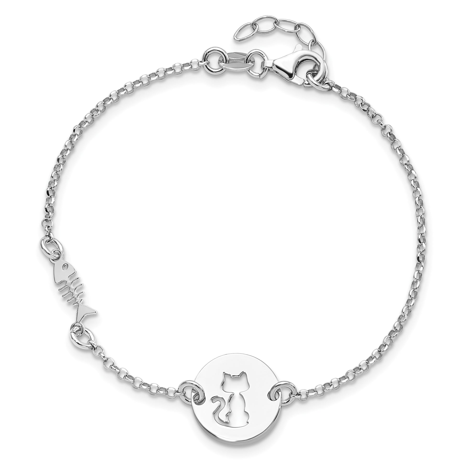 Sterling Silver Rhodium-plated Kitty and Fish w/.5 in Ext Bracelet