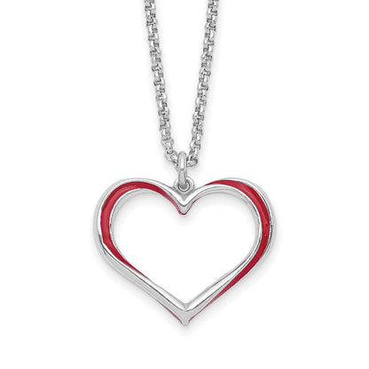 Sterling Silver Rhodium Plated Red Enamel Heart Adjustable 16 inch Necklace with1 inch extension