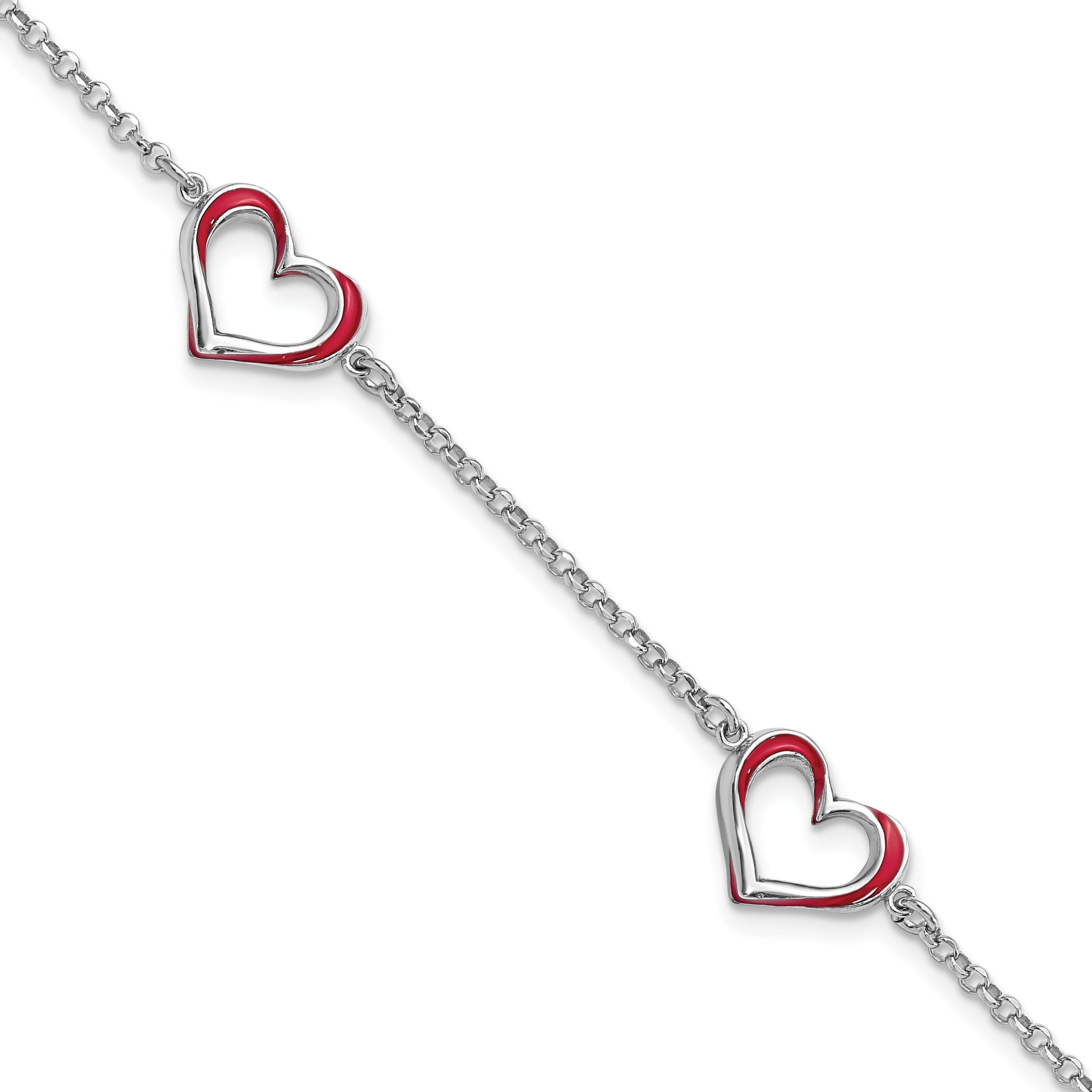 Sterling Silver Rhodium-plated Red Enamel 3-Heart w/.5 in Ext Bracelet