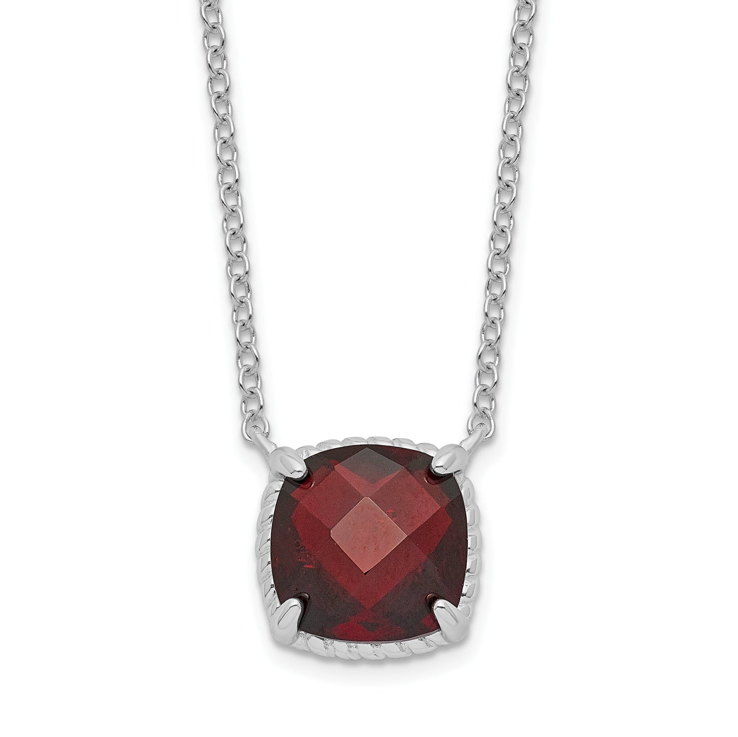 Sterling Silver Rhodium-plated Square Garnet w/2 in ext. Necklace