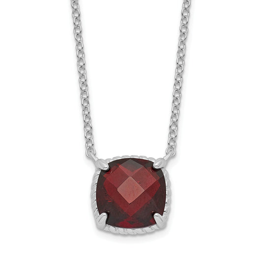 Sterling Silver Rhodium-plated Square Garnet w/2 in ext. Necklace