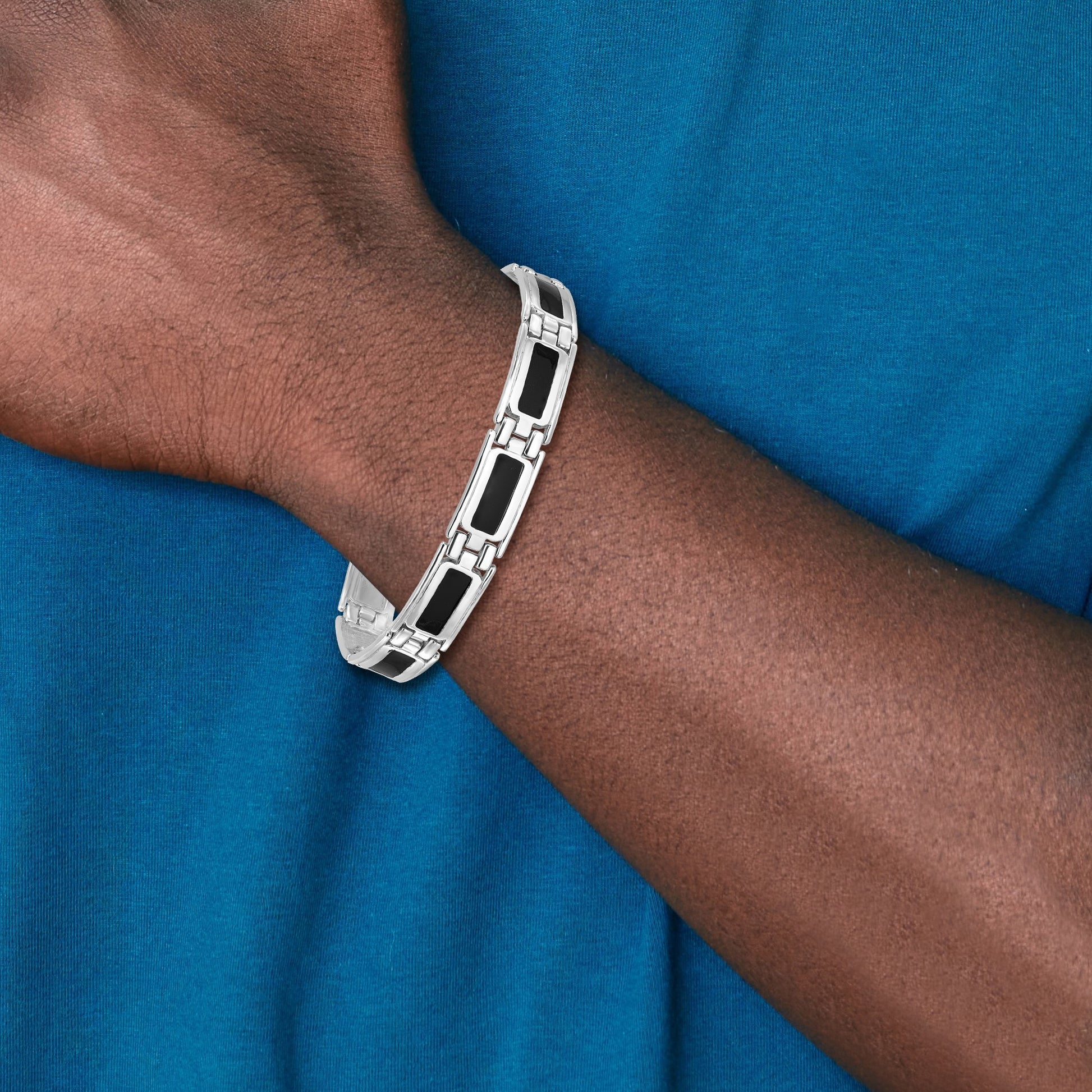 Sterling Silver Rhodium-plated Black Enamel Link Men's 8in Bracelet