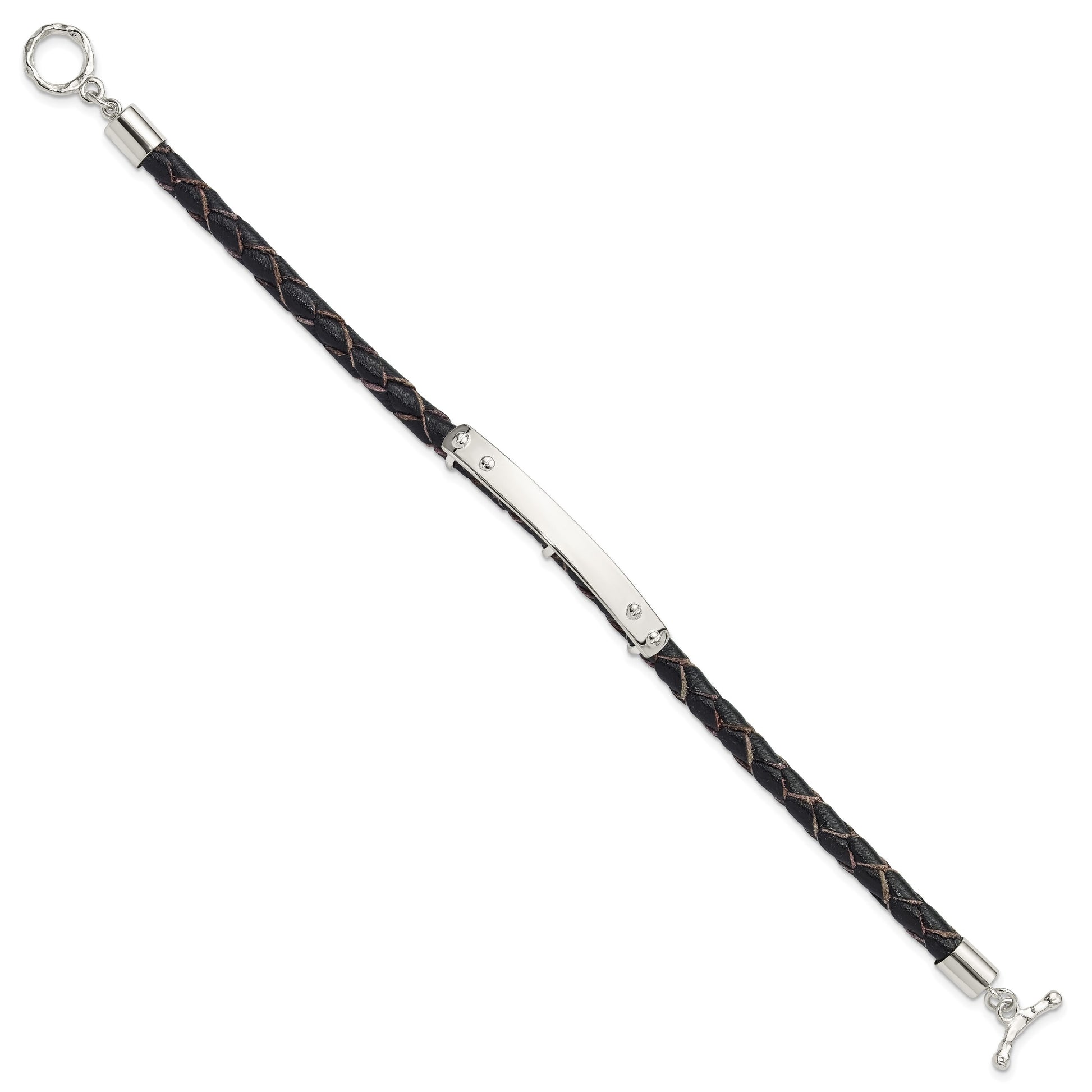 Sterling Silver Genuine Leather ID 8in Toggle Bracelet