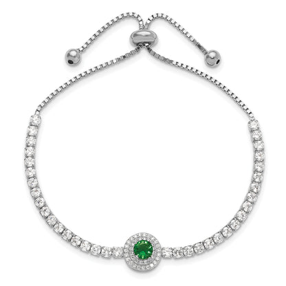 Sterling Silver Rhodium-plated CZ and Green Glass Adjustable Bracelet