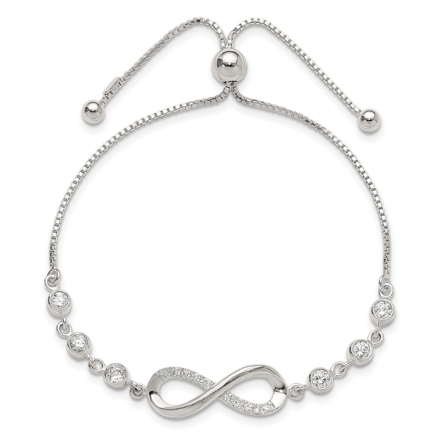 Sterling Silver Polished CZ Infinity Adjustable Bolo Bracelet