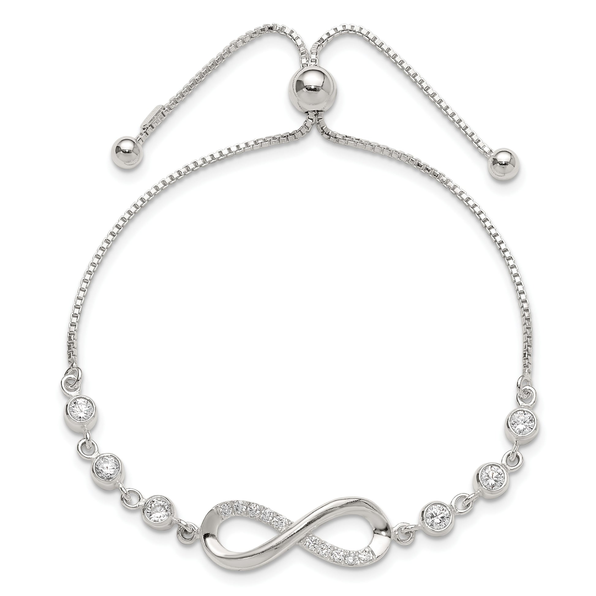 Sterling Silver Polished CZ Infinity Adjustable Bolo Bracelet