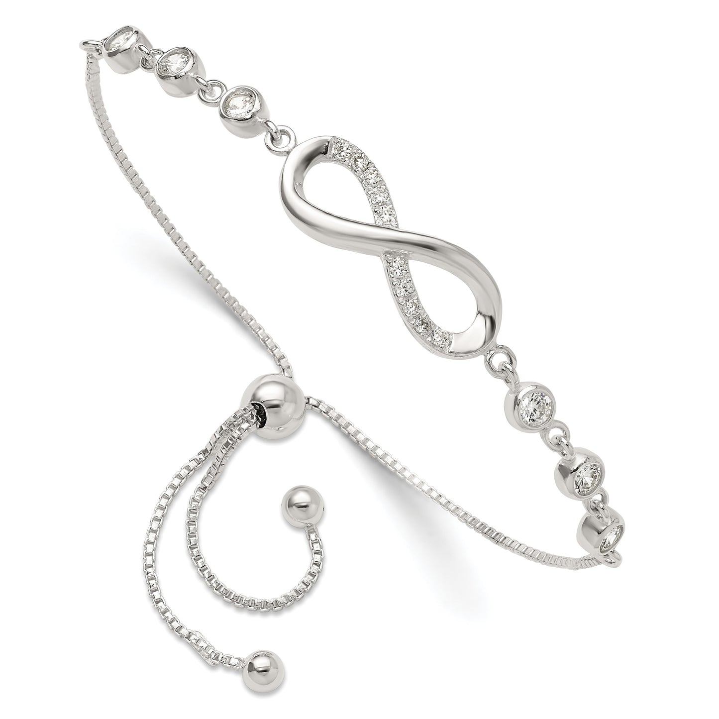 Sterling Silver Polished CZ Infinity Adjustable Bolo Bracelet