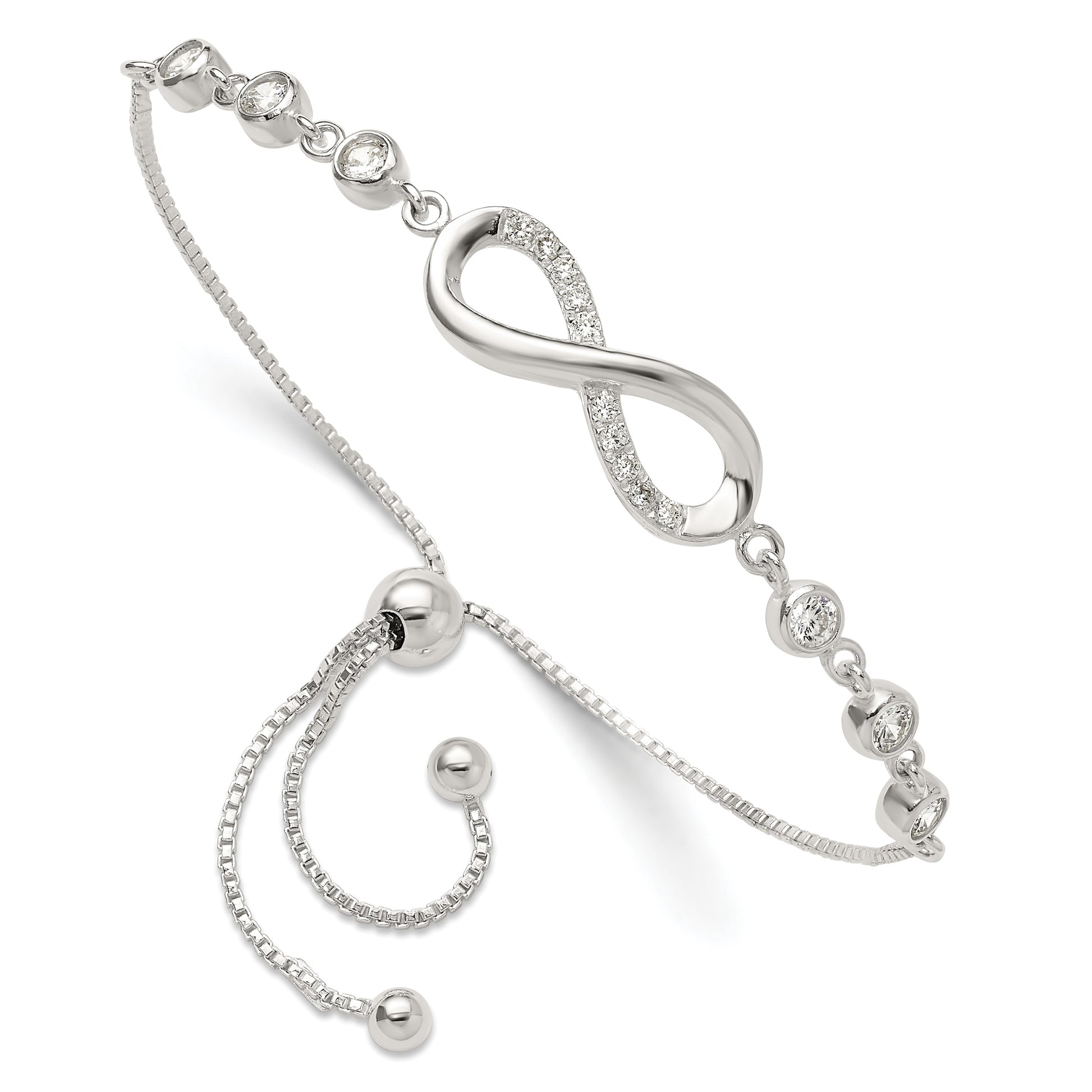 Sterling Silver Polished CZ Infinity Adjustable Bolo Bracelet