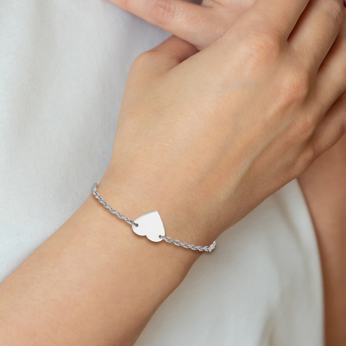 Sterling Silver Rhodium-plated Polished Heart Disc Adjustable Bracelet
