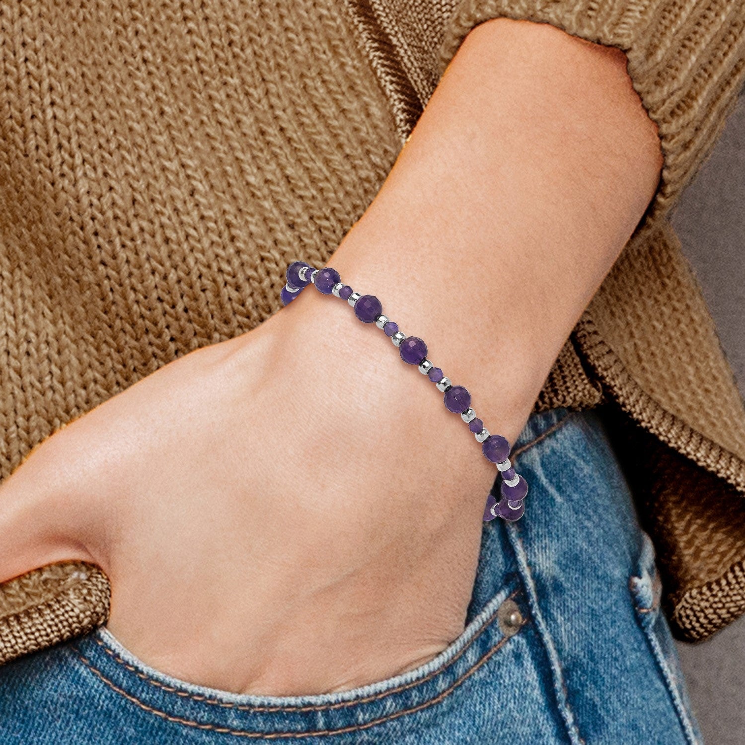 SS Rh-plated Amethyst and CZ and Blue Glass Adjustable Bracelet