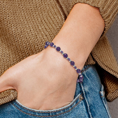 SS Rh-plated Amethyst and CZ and Blue Glass Adjustable Bracelet