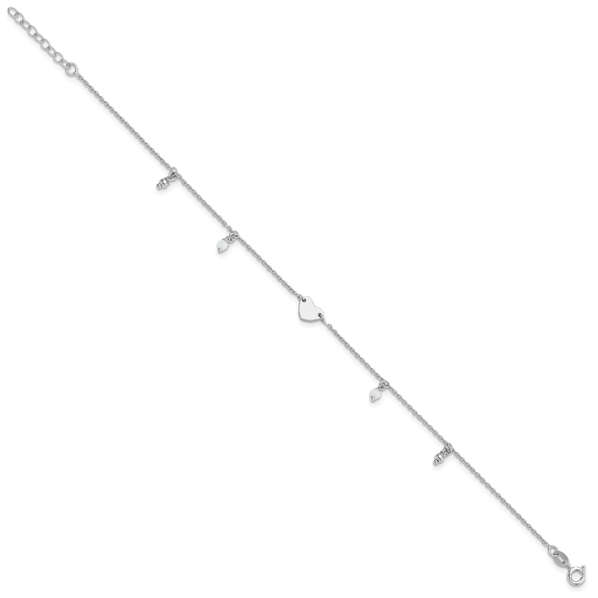 Sterling Silver Rhodium-plated Heart/Glass Beads 9 inch Plus 1 inch Extender - Total 10 inch Anklet