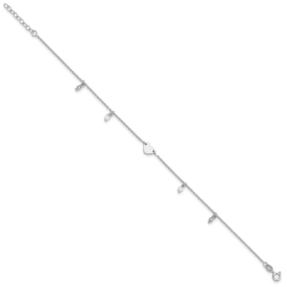 Sterling Silver Rhodium-plated Heart/Glass Beads 9 inch Plus 1 inch Extender - Total 10 inch Anklet