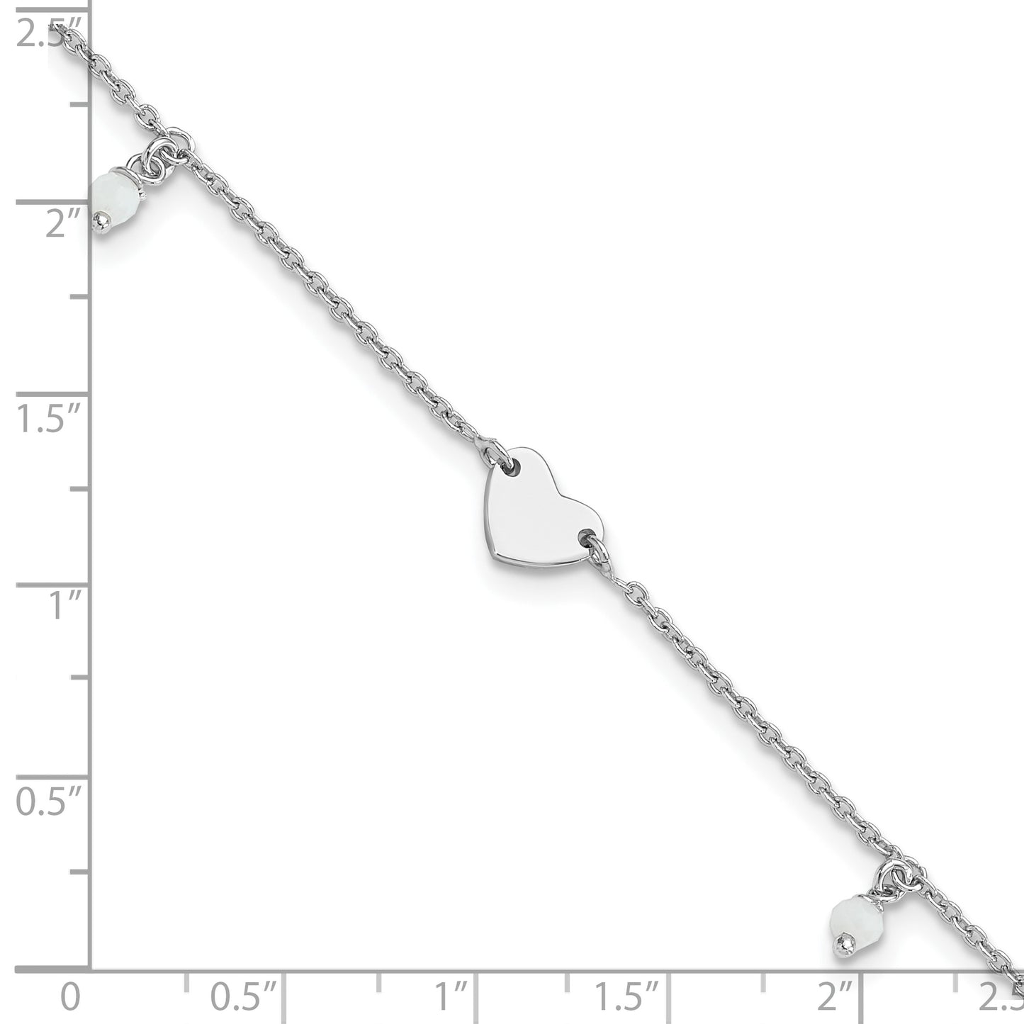 Sterling Silver Rhodium-plated Heart/Glass Beads 9 inch Plus 1 inch Extender - Total 10 inch Anklet