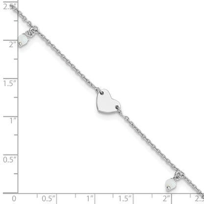 Sterling Silver Rhodium-plated Heart/Glass Beads 9 inch Plus 1 inch Extender - Total 10 inch Anklet