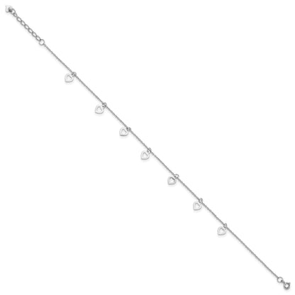 Sterling Silver Rhodium-plated Heart Charms 9.5 inch Plus 1 inch Extender - Total 10.5 inch Anklet