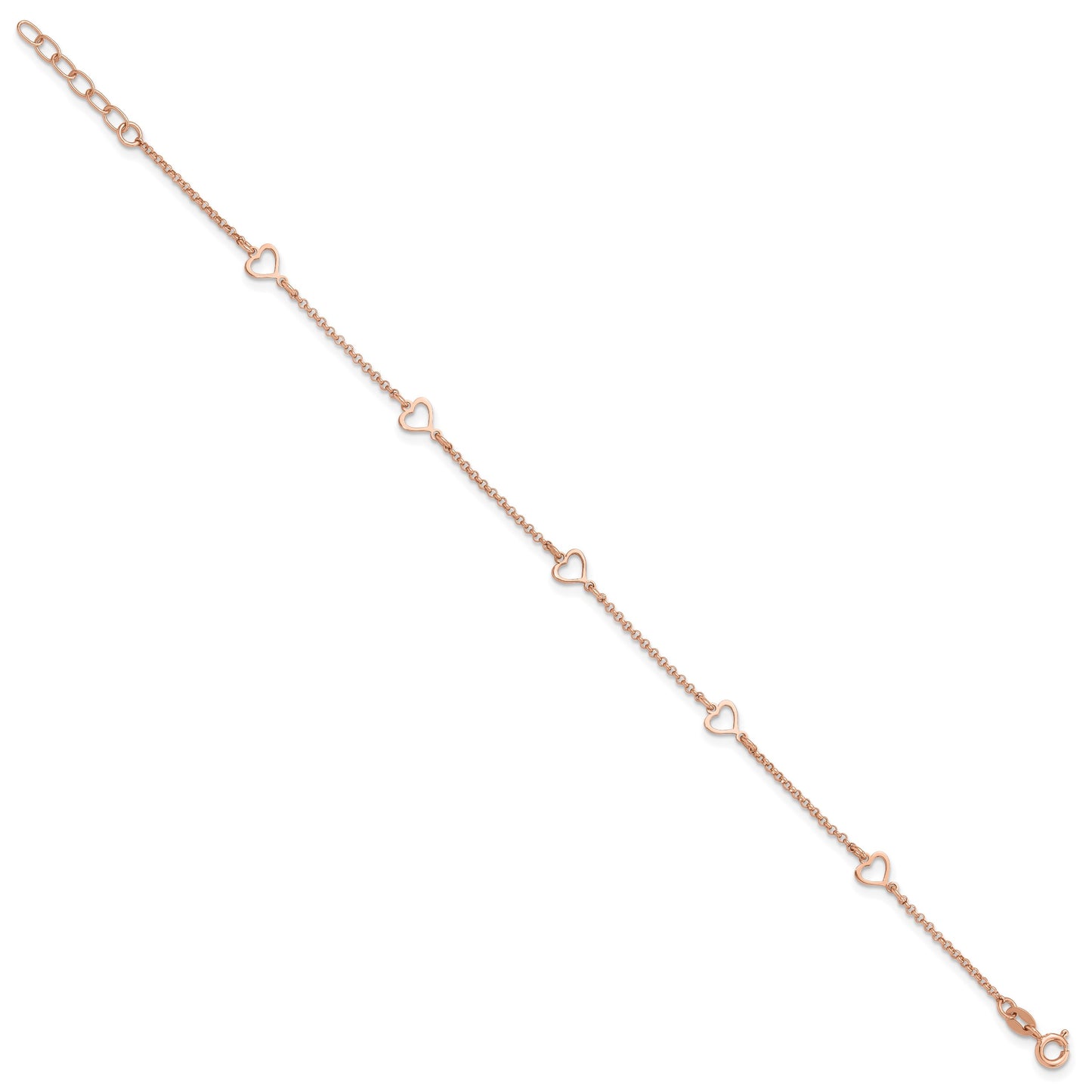 Sterling Silver Rose-tone Hearts 9 inch Plus 1 inch Extender - Total 10 inch Anklet