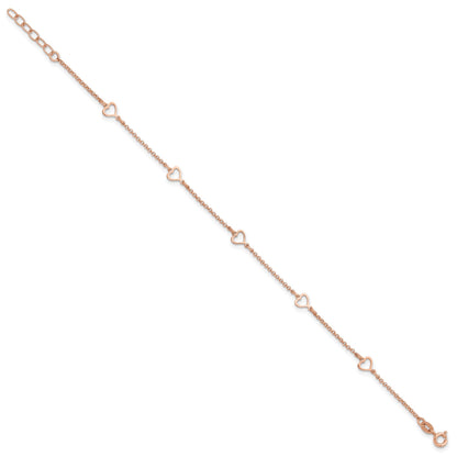 Sterling Silver Rose-tone Hearts 9 inch Plus 1 inch Extender - Total 10 inch Anklet