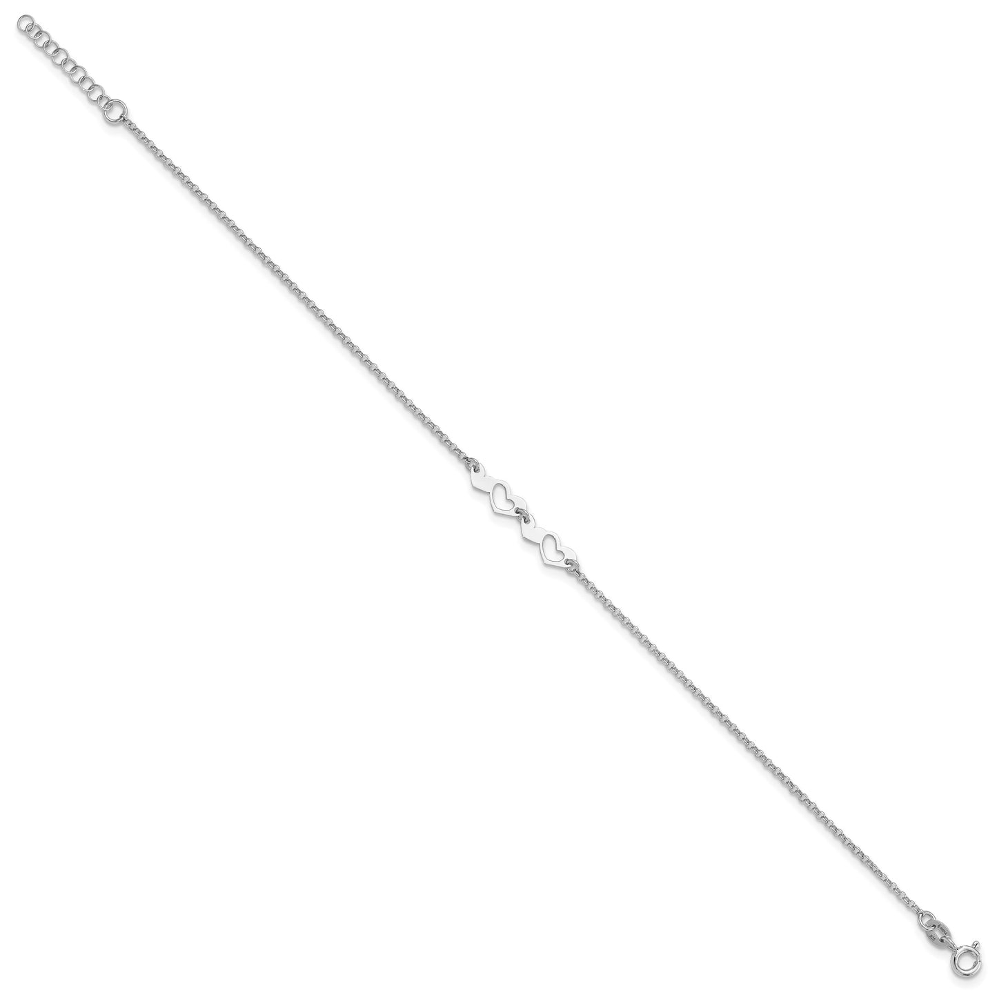 Sterling Silver Rhodium-plated Hearts 9 inch Plus 1 inch Extender - Total 10 inch Anklet