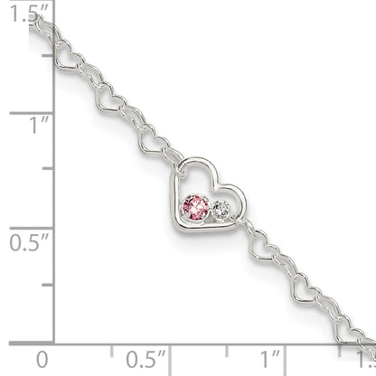 Sterling Silver CZ Heart Link 9 inch Plus 1 inch Extender - Total 10 inch Anklet